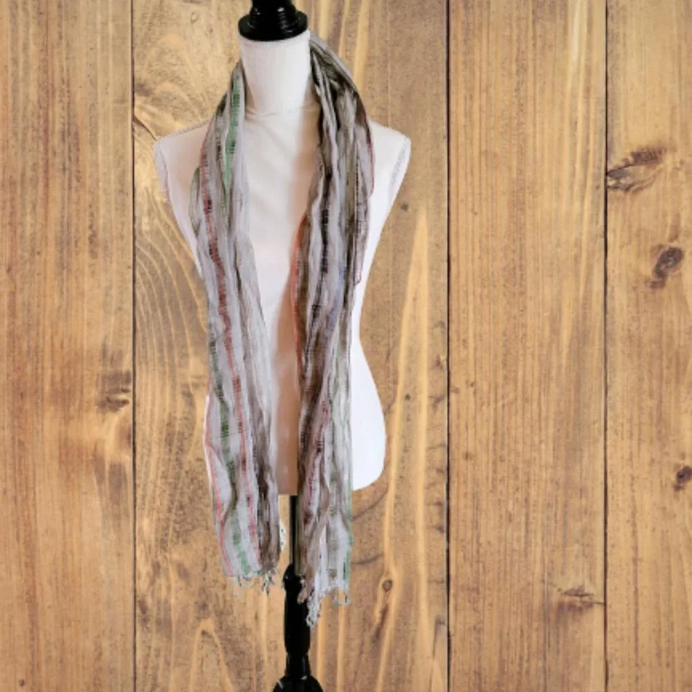 Pretty Scarf in Gray with Multiple Colors and Fringe Edges‎